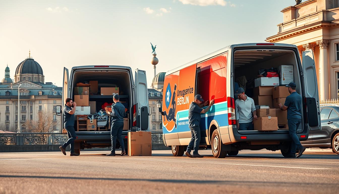 Photorealistic scene of a moving service in Berlin, Germany. In the foreground, a team of movers carefully loading a van with various household items, including furniture, boxes, and personal belongings. The movers are dressed in uniform attire and working diligently, showcasing the professionalism of the service. The middle ground depicts the exterior of the van, with its branding and signage clearly visible, establishing the identity of the "Umzugsservice Berlin" company. In the background, the cityscape of Berlin is visible, with iconic landmarks and architecture providing a recognizable setting. The scene is bathed in natural, warm lighting, creating a sense of authenticity and attention to detail. The overall atmosphere conveys the efficiency and reliability of the moving service. Photorealistic scene of a moving service in Berlin, Germany. In the foreground, a team of movers carefully loading a van with various household items, including furniture, boxes, and personal belongings. The movers are dressed in uniform attire and working diligently, showcasing the professionalism of the service. The middle ground depicts the exterior of the van, with its branding and signage clearly visible, establishing the identity of the "Umzugsservice Berlin" company. In the background, the cityscape of Berlin is visible, with iconic landmarks and architecture providing a recognizable setting. The scene is bathed in natural, warm lighting, creating a sense of authenticity and attention to detail. The overall atmosphere conveys the efficiency and reliability of the moving service.
