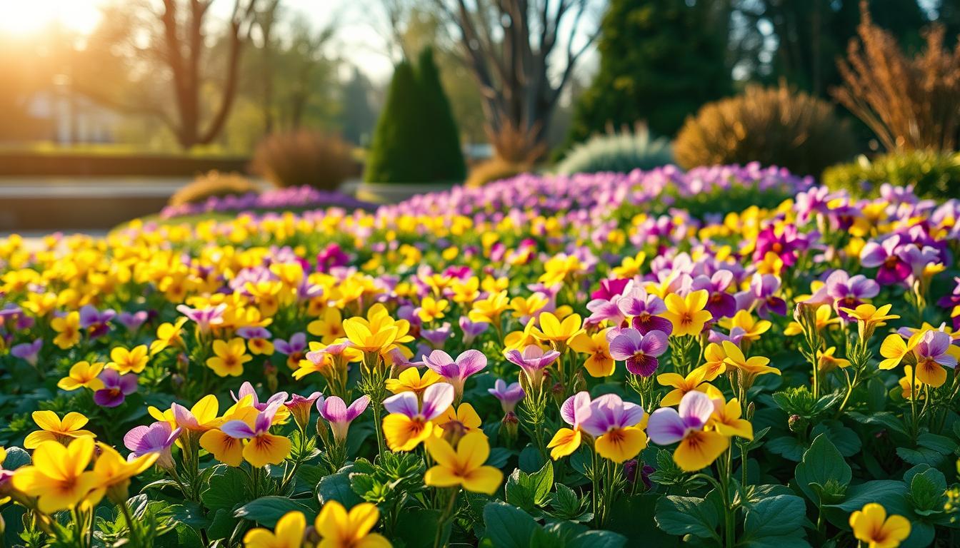Primeln und Stiefmütterchen im Frühlingsgarten